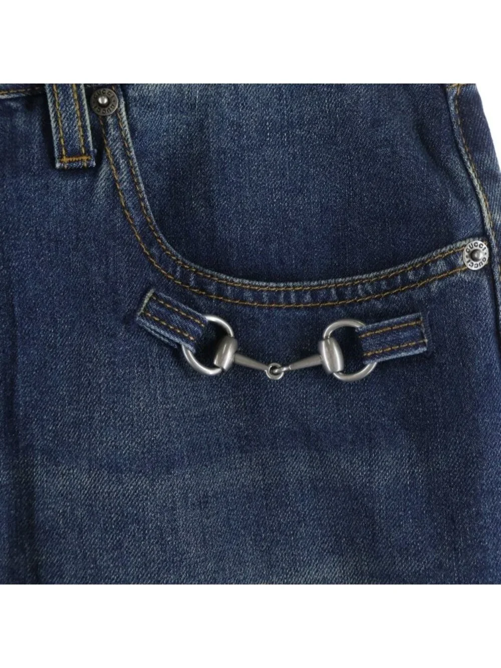 Gucci Horsebit Washed Cotton Straight Denim Pants Indigo